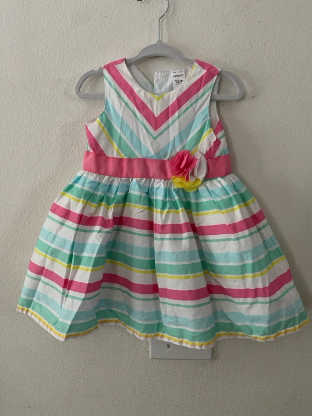 Carter's Pink, Aqua & Yellow Striped Flower Sash Dress